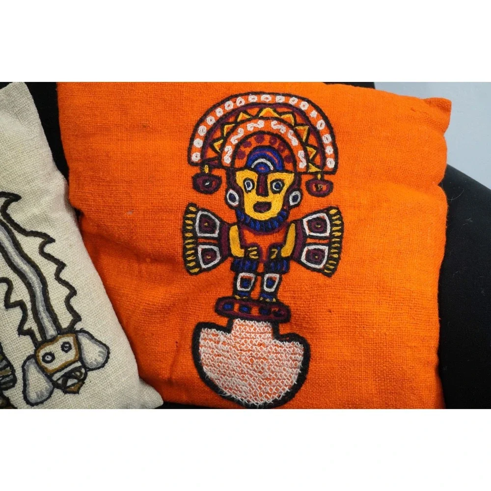 (2) Hand Embroidered Peruvian Folk Art Pillows Mayan Aztec Incan Warrior Vintage